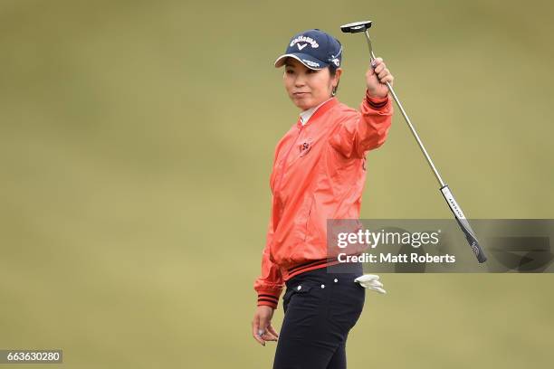 Mamiko Higa of Japan reacts on the sixteenth green during the final round of the YAMAHA Ladies Open Katsuragi at the Katsuragi Golf Club Yamana...