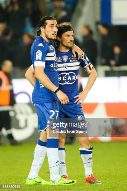 Enzo Crivelli and Yannick Cahuzac of Bastia looks dejected during the French Ligue 1 match between Bastia and Lille at Stade Armand Cesari on April...