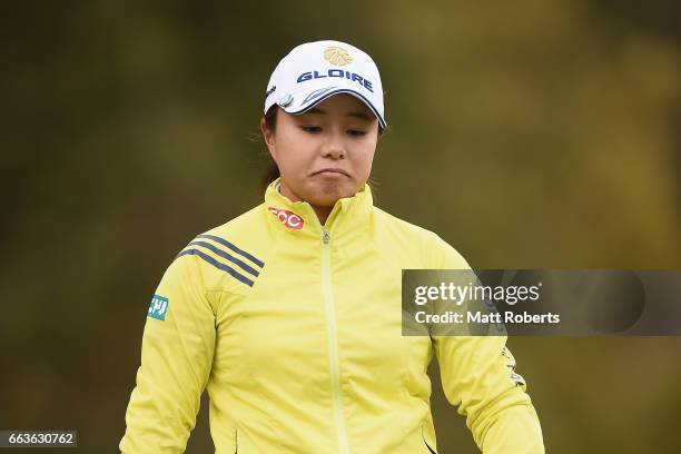 Saki Nagamine of Japan reacts on the sixteenth green during the final round of the YAMAHA Ladies Open Katsuragi at the Katsuragi Golf Club Yamana...