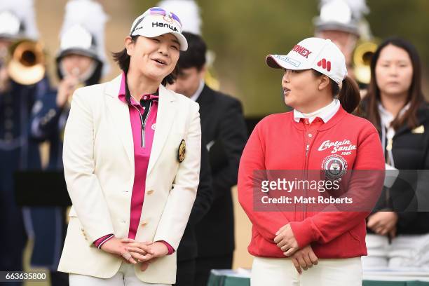 Min-Young Lee and Sun-Ju Ahn of Korea share a laugh after the final round of the YAMAHA Ladies Open Katsuragi at the Katsuragi Golf Club Yamana...