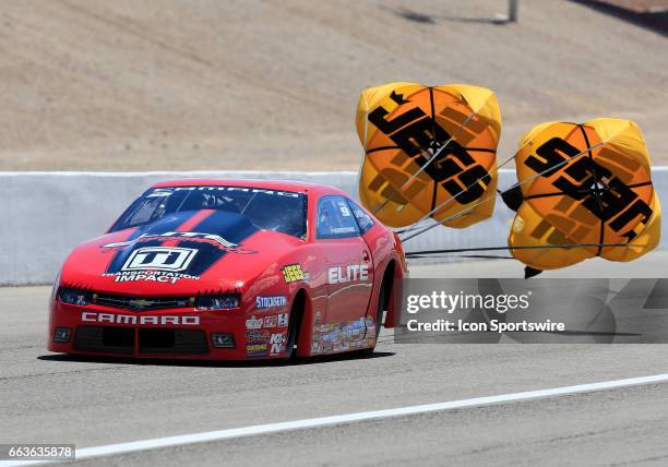Erica Enders-Stevens Chevrolet Camaro NHRA Pro Stock deploys a parachute during the NHRA DENSO Spark Plugs NHRA Nationals on April 01, 2017 at the...