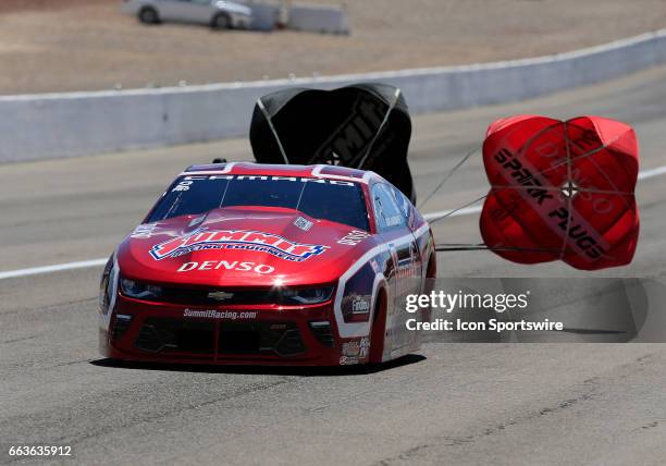 Greg Anderson Ken Black Racing Chevrolet Camaro NHRA Pro Stock deploys a parachute during the NHRA DENSO Spark Plugs NHRA Nationals on April 01, 2017...