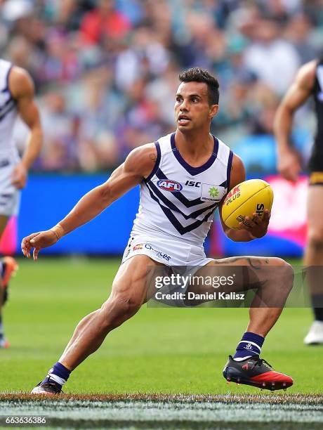 Danyle Pearce of the Dockers looks to pass the ball during the round two AFL match between the Port Adelaide Power and the Fremantle Dockers at...