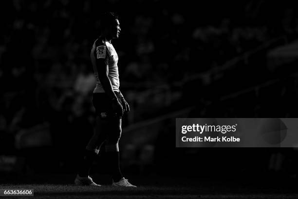 Israel Folau of the Waratahs watches on during the round six Super Rugby match between the Waratahs and the Crusaders at Allianz Stadium on April 2,...