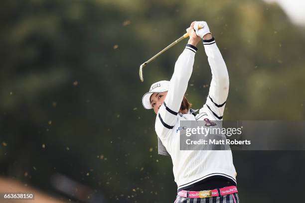 Erina Hara of Japan plays her second shot on the first hole during the final round of the YAMAHA Ladies Open Katsuragi at the Katsuragi Golf Club...