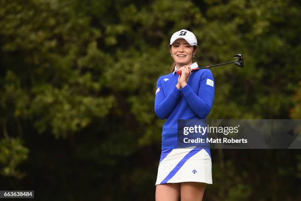 Ayaka Watanabe of Japan reacts on the seventeenth green during the final round of the YAMAHA Ladies Open Katsuragi at the Katsuragi Golf Club Yamana...