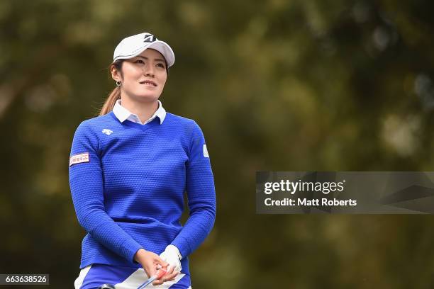 Ayaka Watanabe of Japan watches her tee shot on the eighth hole during the final round of the YAMAHA Ladies Open Katsuragi at the Katsuragi Golf Club...