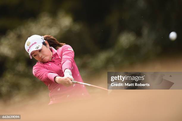 Sumika Nakasone of Japan hits her tee shot on the fifth hole during the final round of the YAMAHA Ladies Open Katsuragi at the Katsuragi Golf Club...