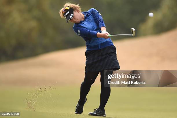 Hiroko Azuma of Japan hits her second shot on the fifth hole during the final round of the YAMAHA Ladies Open Katsuragi at the Katsuragi Golf Club...