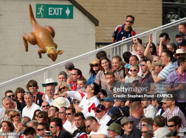 England fans throw around an inflatable kangaroo in the crowd on the fourth day of the third Ashes test at Edgbaston