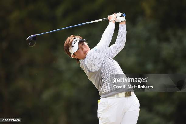 Haruka Kudo of Japan hits her tee shot on the fifth hole during the final round of the YAMAHA Ladies Open Katsuragi at the Katsuragi Golf Club Yamana...