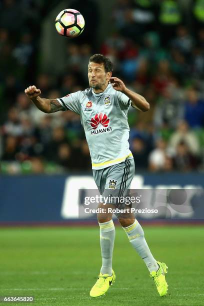 Vince Lia of the Phoenix heads the ball during the round 25 A-League match between the Melbourne Victory and the Wellington Phoenix at AAMI Park on...