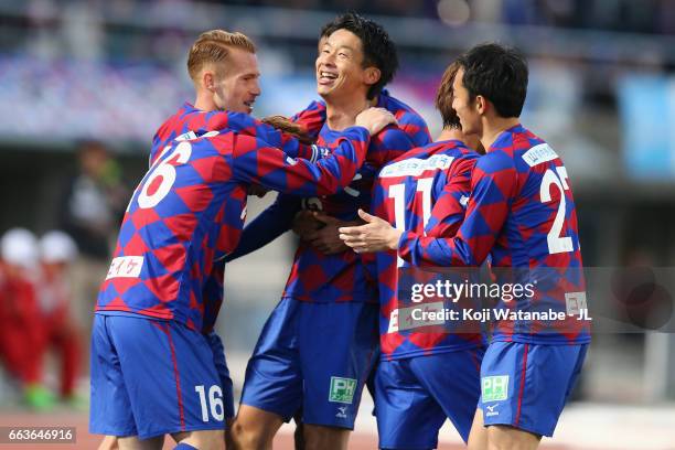 Akihiro Hyodo of Ventforet Kofu celebrates scoring the opening goal with his team mates during the J.League J1 match between Ventforet Kofu and...