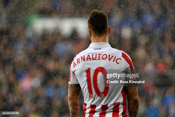 Marko Arnautovic of Stoke City in action during the Premier League match between Leicester City and Stoke City at the King Power Stadium on April 1,...