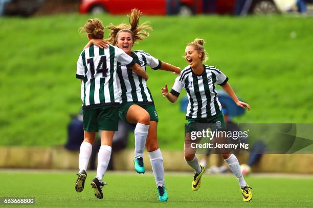 Eilidh MacKay and Carlie Ikonomou of the Tigers celebrate a goal during the NPL NSW Women's round one match between the Northern Tigers FC and the...