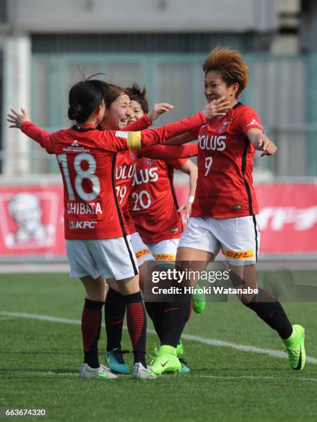 Yuika Sugasawa of Urawa Red Diamonds celebrates scoring her team's second goal during the Nadeshiko League match between Urawa Red Diamonds Ladies...