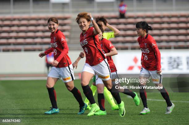 Yuika Sugasawa of Urawa Red Diamonds scoring her team's second goal during the Nadeshiko League match between Urawa Red Diamonds Ladies and JEF...