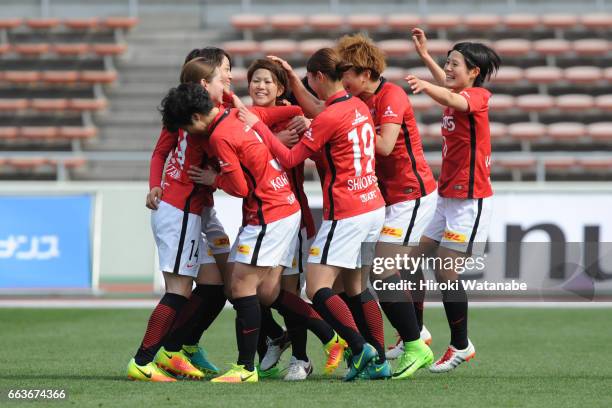 Risa Ikadai of Urawa Red Diamonds scoring her team's first goal during the Nadeshiko League match between Urawa Red Diamonds Ladies and JEF United...