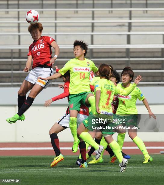 Yuika Sugawara of Urawa Red Diamonds Ladies and Midori Isokane of JEF United Chiba Ladies compete for the ball during the Nadeshiko League match...