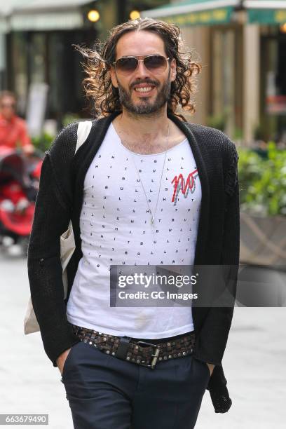 Russell Brand arriving at Radio X Studios as he hosts his first live radio show in eight years on April 2, 2017 in London, England.