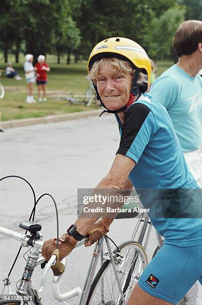 Margareta Lambert takes part in the cycling event at the 1st National Senior Games, or Senior Olympics in St Louis, Missouri, July 1987.