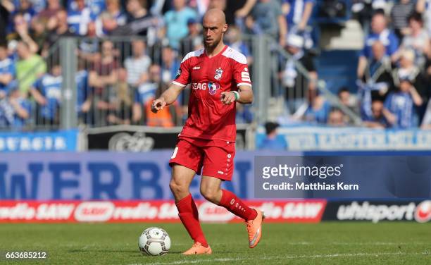 Daniel Brueckner of Erfurt runs with the ball during the third league match between 1.FC Magdeburg and Rot Weiss Erfurt at MDCC Arena on April 1,...