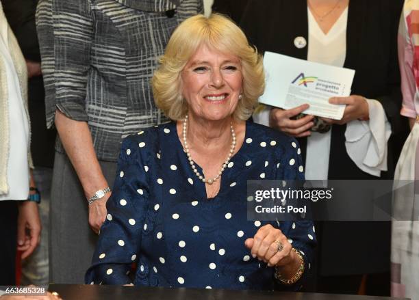 Camilla, Duchess of Cornwall visits the Progetto Arcobaleno Association on April 2, 2017 in Florence, Italy.