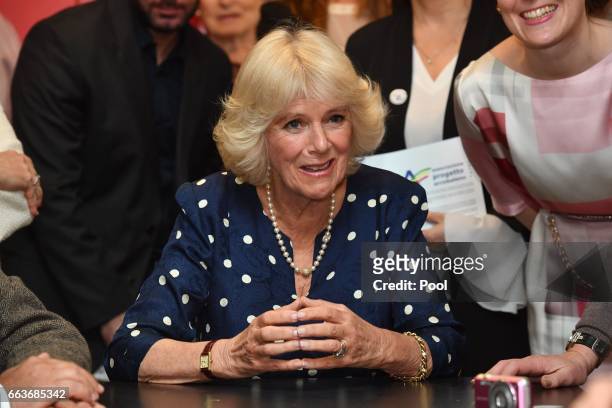 Camilla, Duchess of Cornwall visits the Progetto Arcobaleno Association on April 2, 2017 in Florence, Italy.
