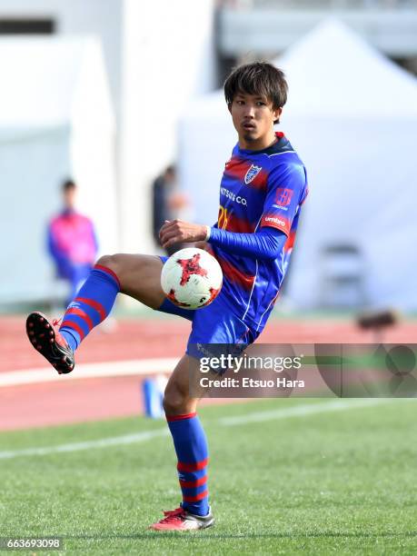 Takahiro Yanagi of FC Tokyo U-23 in action during the J.League J3 match between FC Tokyo U-23 and Kagoshima United at Yumenoshima Stadium on April 2,...