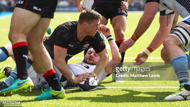 Chris Ashton of Saracens looks on, after scoring a try during the European Rugby Champions Cup match between Saracens and Glasgow Warriors at Allianz...