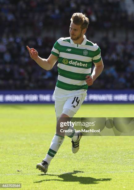 Stuart Armstrong of Celtic celebrates scoring his sides third goal during the Ladbrokes Scottish Premiership match between Hearts and Celtic at...