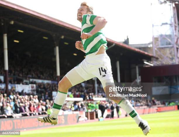 Stuart Armstrong of Celtic celebrates scoring his sides third goal during the Ladbrokes Scottish Premiership match between Hearts and Celtic at...