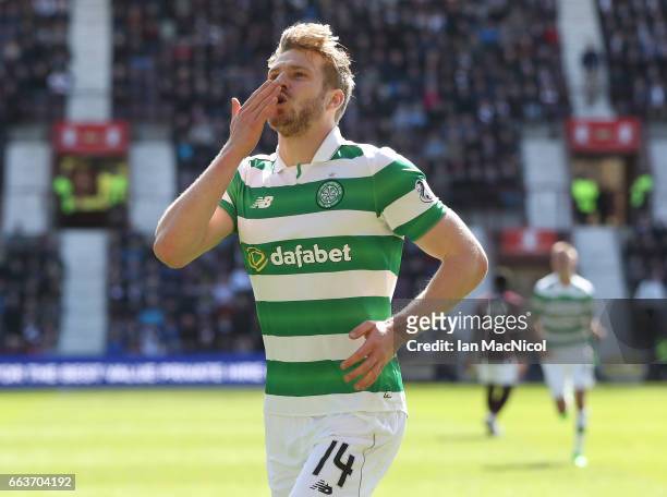Stuart Armstrong of Celtic celebrates scoring his sides third goal during the Ladbrokes Scottish Premiership match between Hearts and Celtic at...