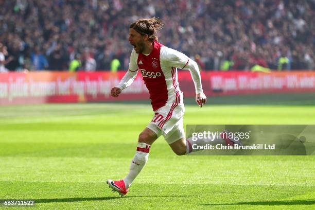 Lasse Schone of AFC Ajax celebrates scoring the opening goal during the Eredivisie match between AFC Ajax and Feyenoord at Amsterdam Arena on April...