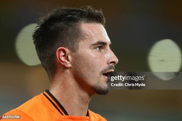 Jamie Maclaren of the Roar looks on during the round 25 A-League match between the Brisbane Roar and the Central Coast Mariners at Suncorp Stadium on...