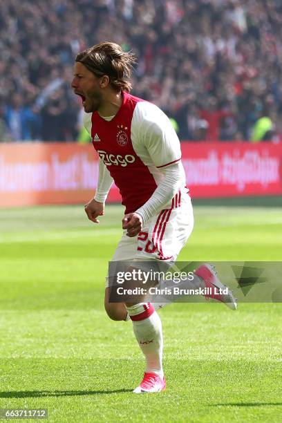 Lasse Schone of AFC Ajax celebrates scoring the opening goal during the Eredivisie match between AFC Ajax and Feyenoord at Amsterdam Arena on April...