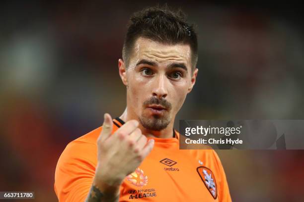Jamie Maclaren of the Roar looks on during the round 25 A-League match between the Brisbane Roar and the Central Coast Mariners at Suncorp Stadium on...