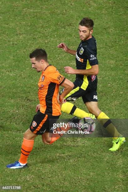 Jamie Maclaren of the Roar kicks the ball during the round 25 A-League match between the Brisbane Roar and the Central Coast Mariners at Suncorp...