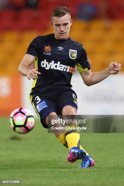 Scott Galloway of the Mariners kicks the ball during the round 25 A-League match between the Brisbane Roar and the Central Coast Mariners at Suncorp...