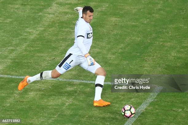 Ivan Necevski of the Mariners kicks the ball during the round 25 A-League match between the Brisbane Roar and the Central Coast Mariners at Suncorp...