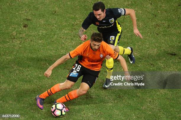 Brandon Borello of the Roar controls the ball during the round 25 A-League match between the Brisbane Roar and the Central Coast Mariners at Suncorp...