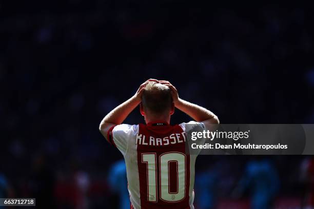 Davy Klaassen of Ajax reacts to a missed chance on goal during the Dutch Eredivisie match between Ajax Amsterdam and Feyenoord at Amsterdam ArenA on...