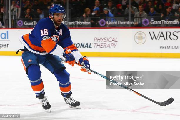 Andrew Ladd of the New York Islanders skates against the New Jersey Devils at the Barclays Center on March 31, 2017 in Brooklyn borough of New York...