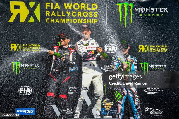 Timo Scheider of Germany and MJP Racing Team Austria, 2nd place, Mattias Ekstrom of Sweden and EKS Team, 1st place and Andreas Bakkerud of Norway and...