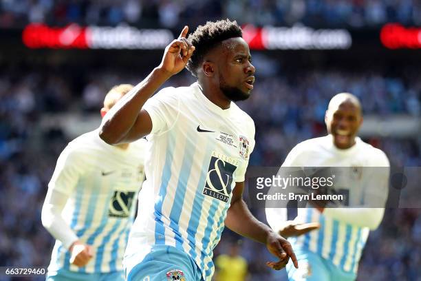 Gael Bigirimana of Coventry City celebrates with team mates after scoring during the EFL Checkatrade Trophy Final between Coventry City v Oxford...