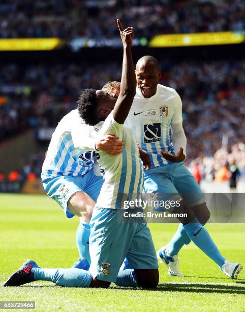 Gael Bigirimana of Coventry City celebrates with team mates after scoring during the EFL Checkatrade Trophy Final between Coventry City v Oxford...