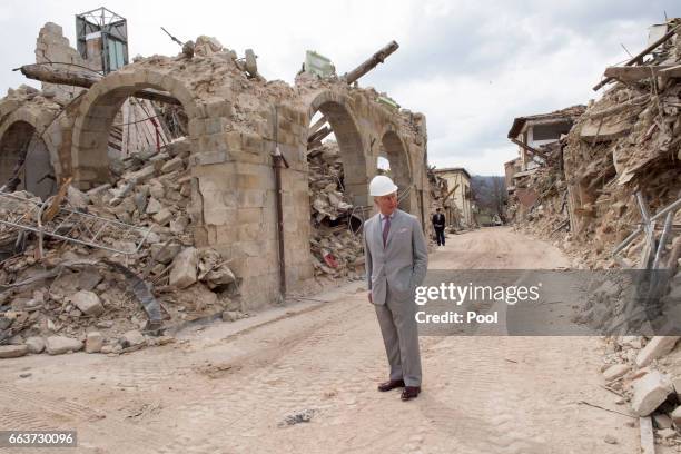 Prince Charles, Prince of Wales visits the ruins of Amatrice, the town devastated by a 6.0 magnitude earthquake and where 297 people died last...