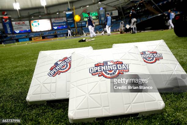 The Tampa Bay Rays take batting practice behind Opening Day bases before the start of a game against the New York Yankees on April 2, 2017 at...