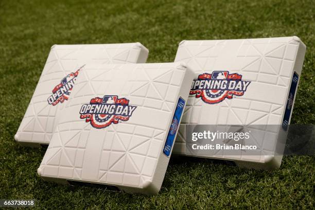 The Opening Day logo adorns bases prior to the start of a game between the Tampa Bay Rays and the New York Yankees on April 2, 2017 at Tropicana...