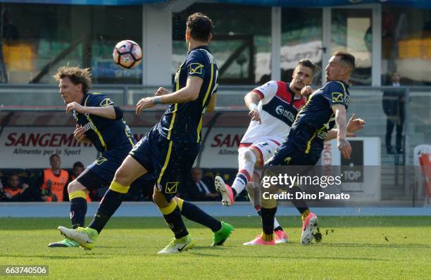 Diego Falcinelli of Crotone scores his teams second goal during the Serie A match between AC ChievoVerona and FC Crotone at Stadio Marc'Antonio...